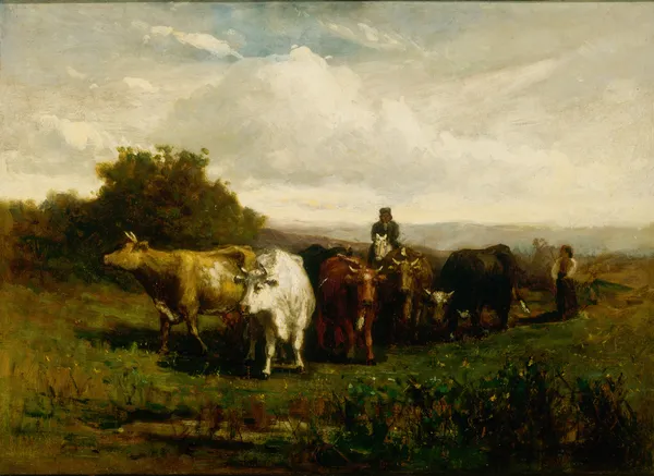 Untitled (man on horseback, woman on foot driving cattle) av Edward Mitchell Bannister