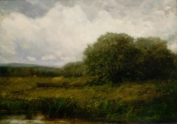 Untitled (landscape with oxen and haycart crossing bridge) av Edward Mitchell Bannister