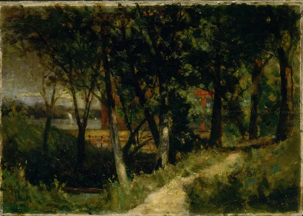 Untitled (landscape, forest scene with red fence and building) av Edward Mitchell Bannister