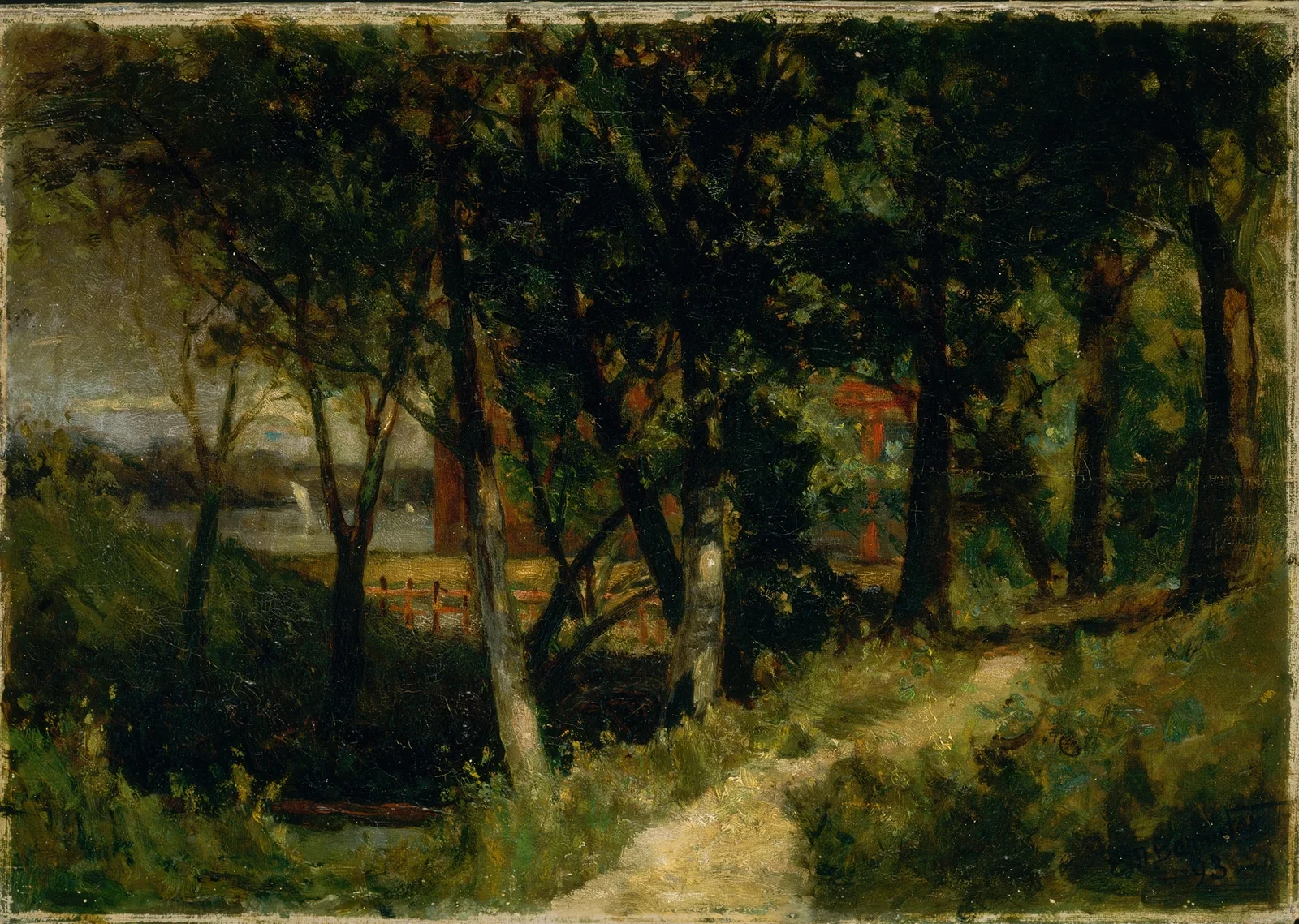 Untitled (landscape, forest scene with red fence and building) av Edward Mitchell Bannister