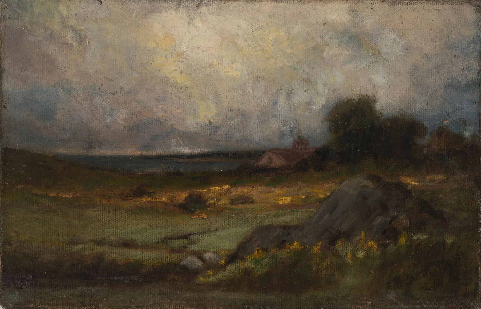 Untitled (landscape with rock in foreground and roof with steeple, lake in background) av Edward Mitchell Bannister