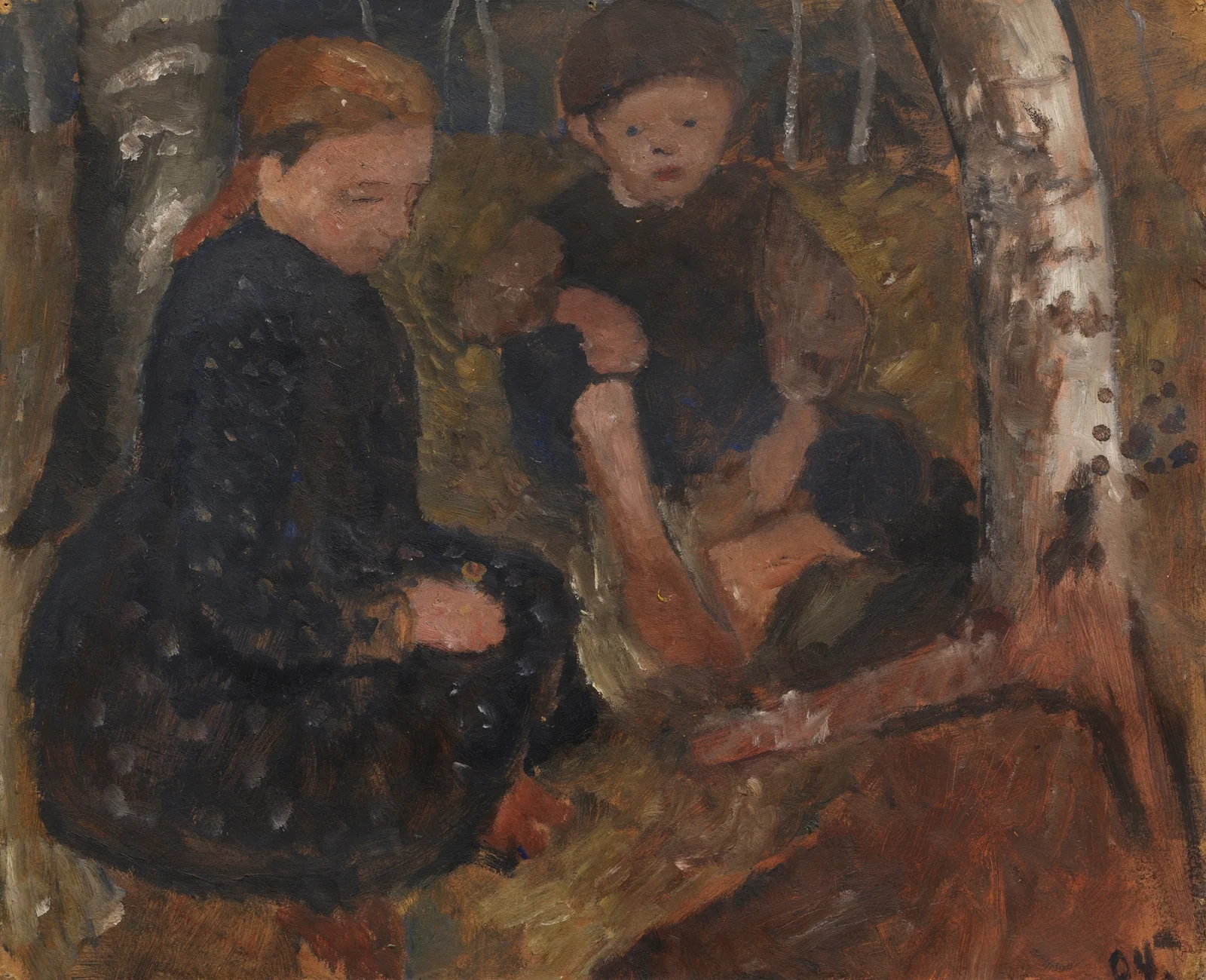Zwei sitzende Kinder im Wald av Paula Modersohn-Becker