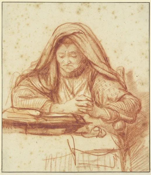 Alte Frau lesend im Gebet av Nicolaes Maes