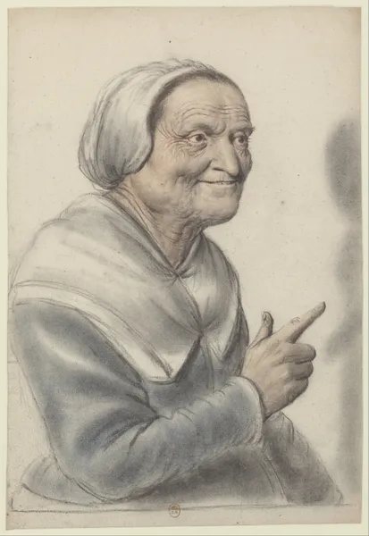 Femme âgée portant une coiffe blanche, l’index pointé, vue de trois quarts à droite av Nicolas Lagneau