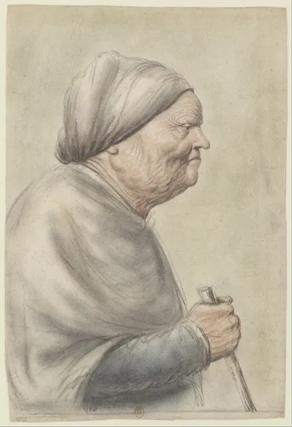 Femme âgée, portant une coiffe blanche, tenant une canne dans la main droite, vue de profil à droite av Nicolas Lagneau