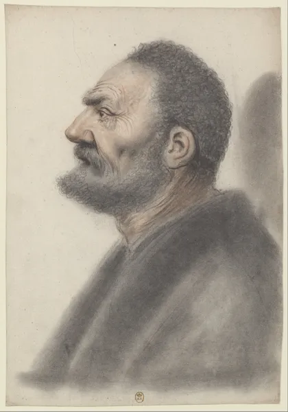 Homme à la barbe courte et aux cheveux frisés, la tête légèrement relevée, de profil à gauche av Nicolas Lagneau