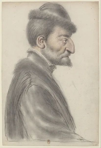 Homme âgé, à la barbe courte, coiffé d’un bonnet bordé de fourrure, de profil à droite av Nicolas Lagneau