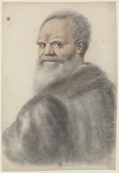 Homme âgé, à longue barbe, de dos, se retournant, la tête vue de trois quarts à gauche av Nicolas Lagneau