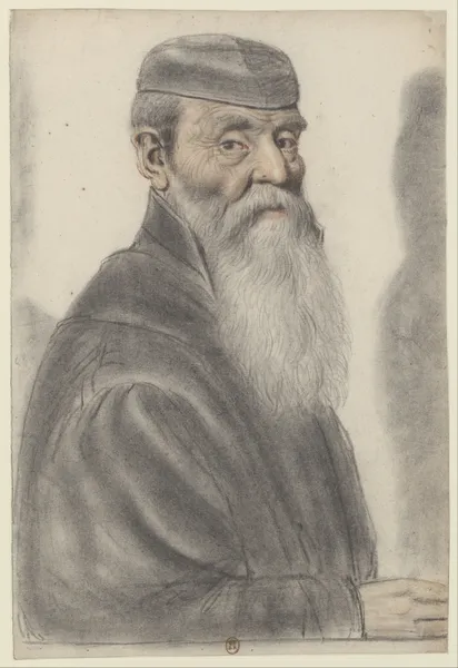 Homme âgé, à longue barbe, portant un bonnet noir, de trois-quarts à droite av Nicolas Lagneau