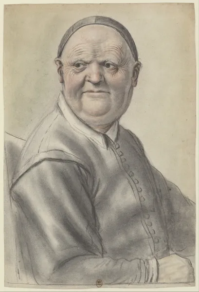 Homme âgé assis, accoudé, portant une calotte, le visage de face av Nicolas Lagneau