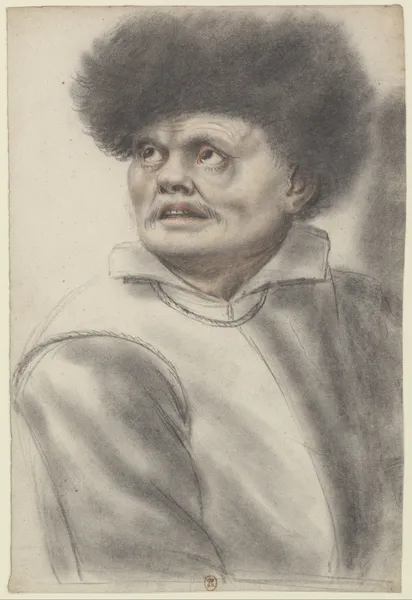 Homme coiffé d’un bonnet de fourrure, les yeux levés vers le ciel, vu de trois quarts à gauche av Nicolas Lagneau