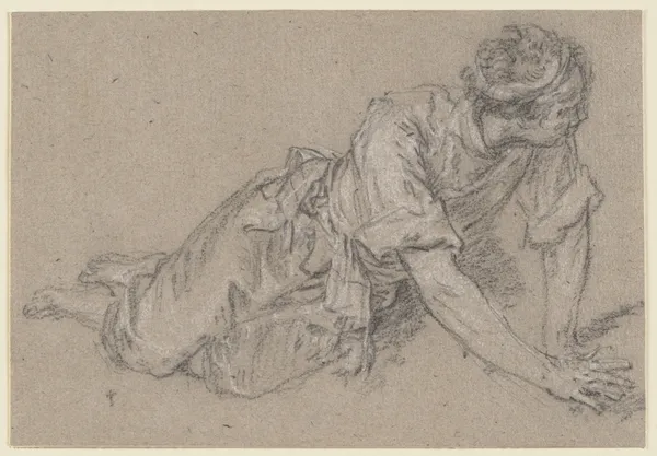Auf allen vieren am Boden hockender Mann (mit Küken spielender Bursche), 1730 – nr 3 av Nicolas Lancret