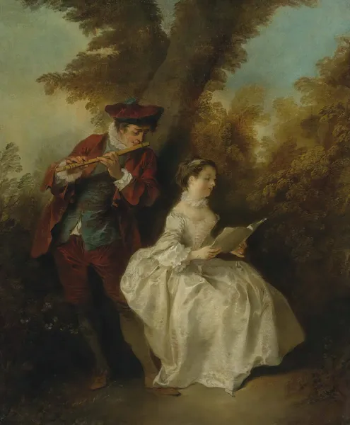 ‘le Duo’, a Young Man Playing The Flute And a Young Woman Singing In a Landscape av Nicolas Lancret
