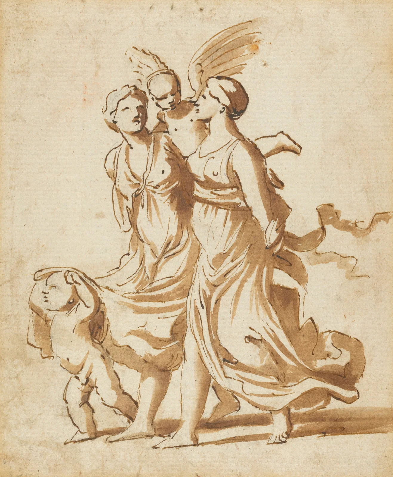 Two Girls Accompanied by Cupid av Nicolas Poussin