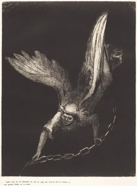 Apres cela je vis descendre du ciel un ange qui avait la clef de l’abime, et une grande chaine en sa main av Odilon Redon