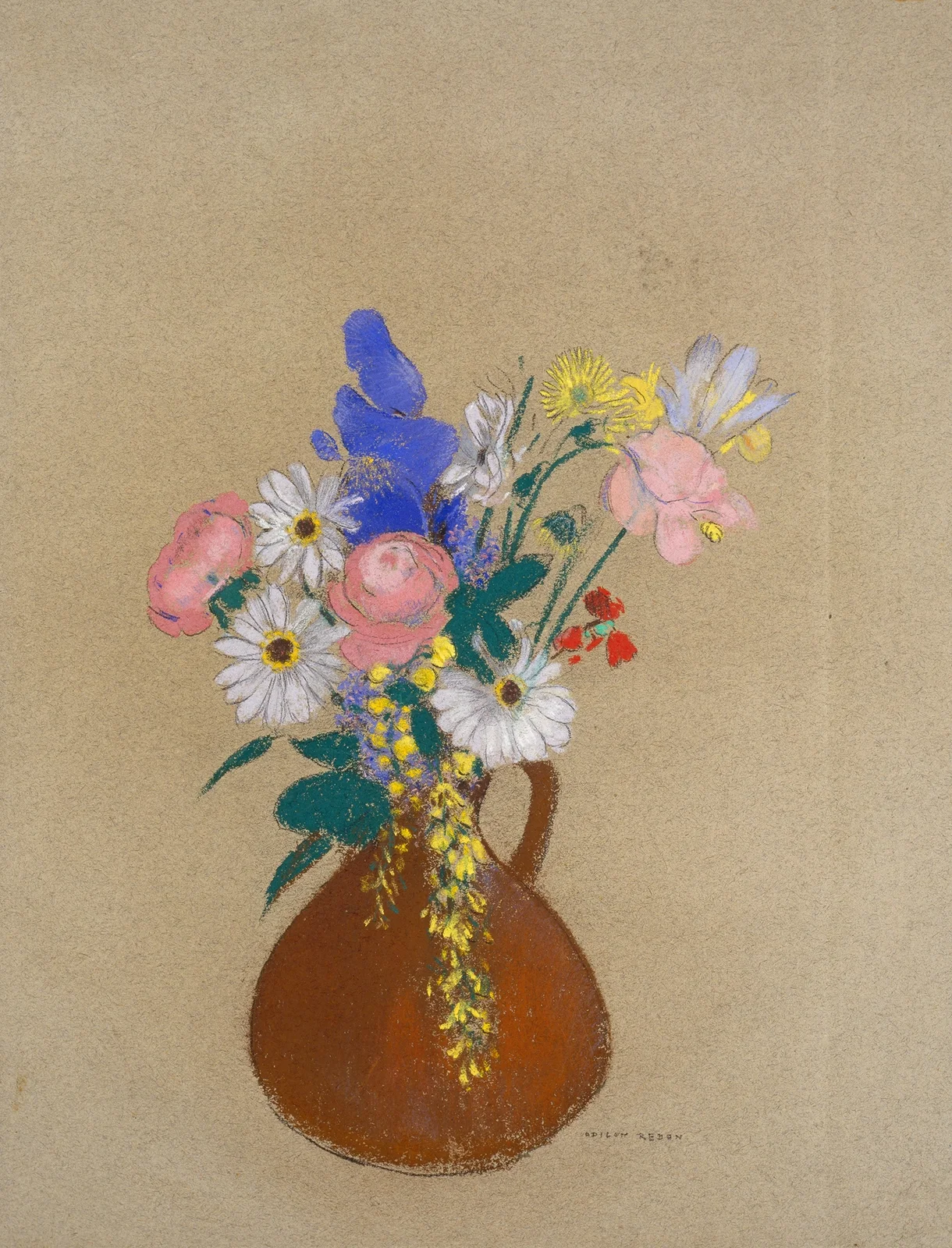 Blumenstrauß in brauner Tonvase av Odilon Redon