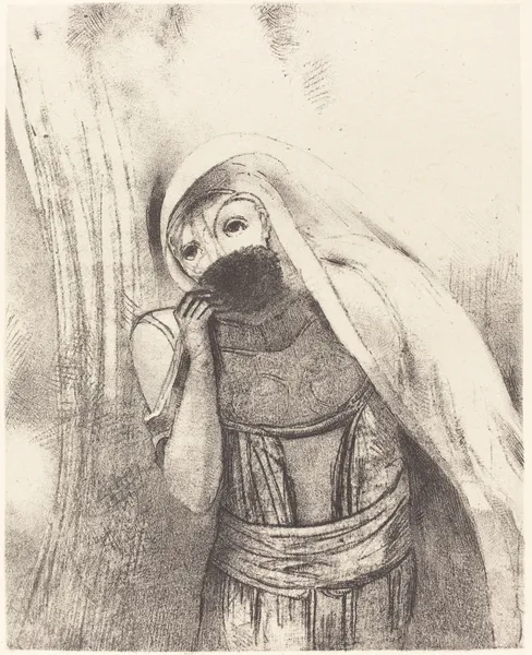 Elle tire de sa poitrine une eponge toute noire, la couvre de baisers (She draws from her bosom a sponge, perfectly black, and covers it with kisses) av Odilon Redon