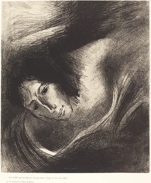 Et le diable qui les seduisait, fut jete dans l’etang de feu et de soufre, ou es la bete et le faux prophete av Odilon Redon