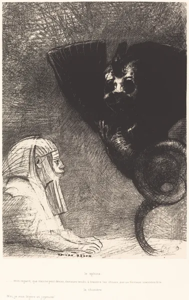 Le Sphynx…mon regard que rien ne peut devier, demeure tendu a travers les choses sur un horizon inaccessible. La Chimere – Moi, Je suis legere et joyeuse, 1889 – nr 2 av Odilon Redon