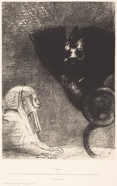 Le Sphynx…mon regard que rien ne peut devier, demeure tendu a travers les choses sur un horizon inaccessible. La Chimere; Moi,Je suis legere et joyeuse, 1889 – nr 1 av Odilon Redon