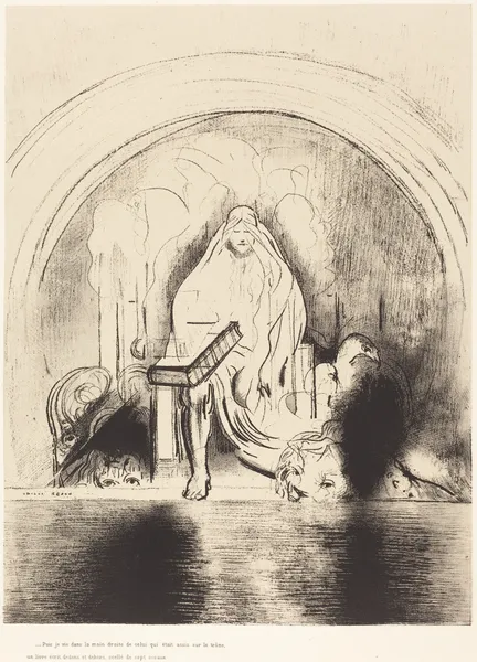 Puis je vis, dans la main droite de celui quietait assis sur le trone, un livre ecritdedans et dehors, scelle de sept sceaux av Odilon Redon