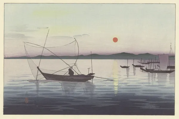 Boats and Setting Sun av Ohara Koson