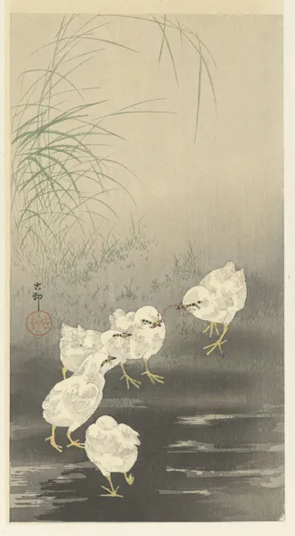 Chicks and Worm av Ohara Koson