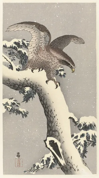 Eagle on snowy pine tree av Ohara Koson