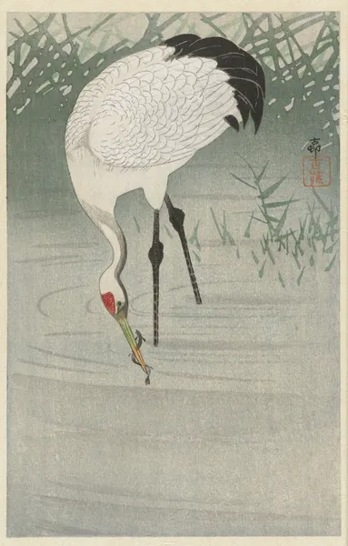 Fishing crane in shallow water av Ohara Koson