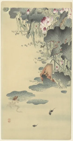 Frog and tadpoles av Ohara Koson