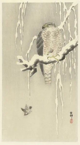 Hawk with captive tree sparrow av Ohara Koson