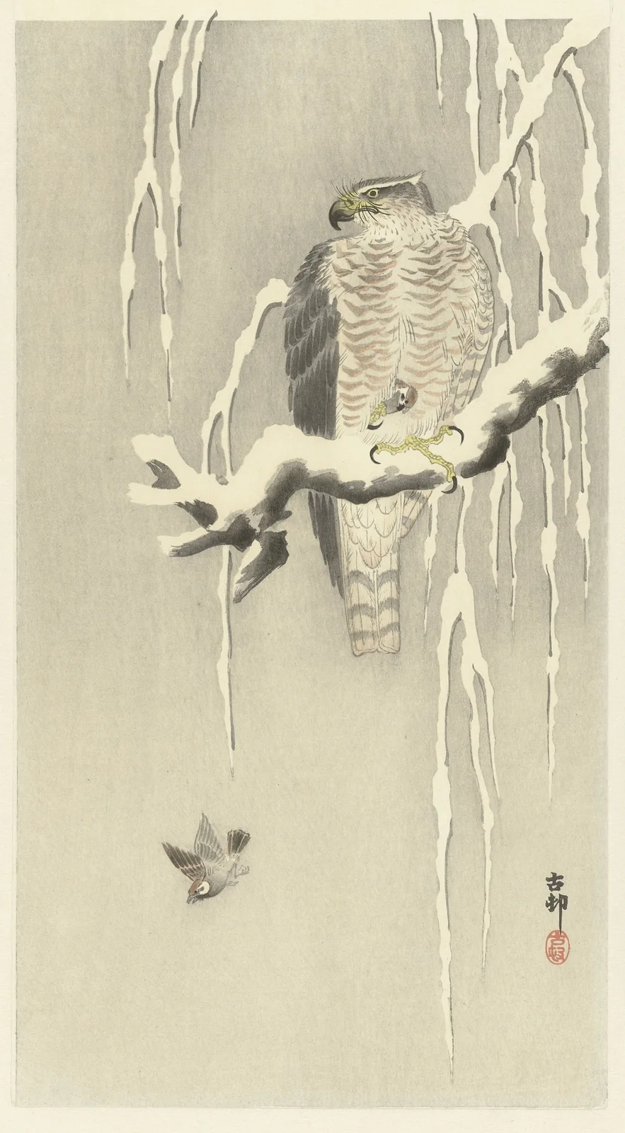 Hawk with captive tree sparrow av Ohara Koson