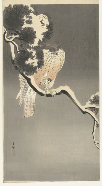 Hawk with sparrow av Ohara Koson