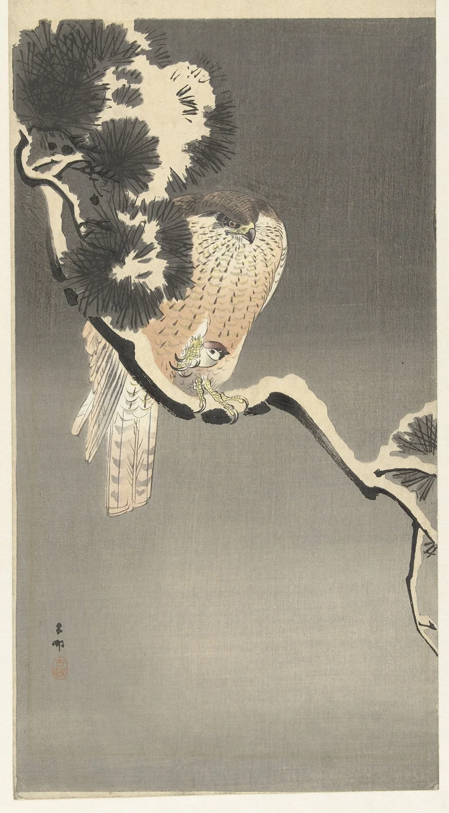 Hawk with sparrow av Ohara Koson
