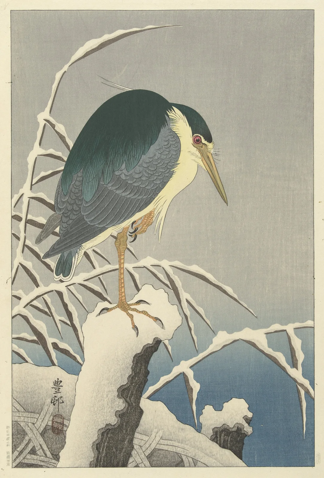 Heron in snow av Ohara Koson