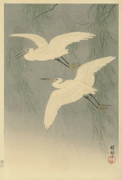 Little Egrets in flight av Ohara Koson