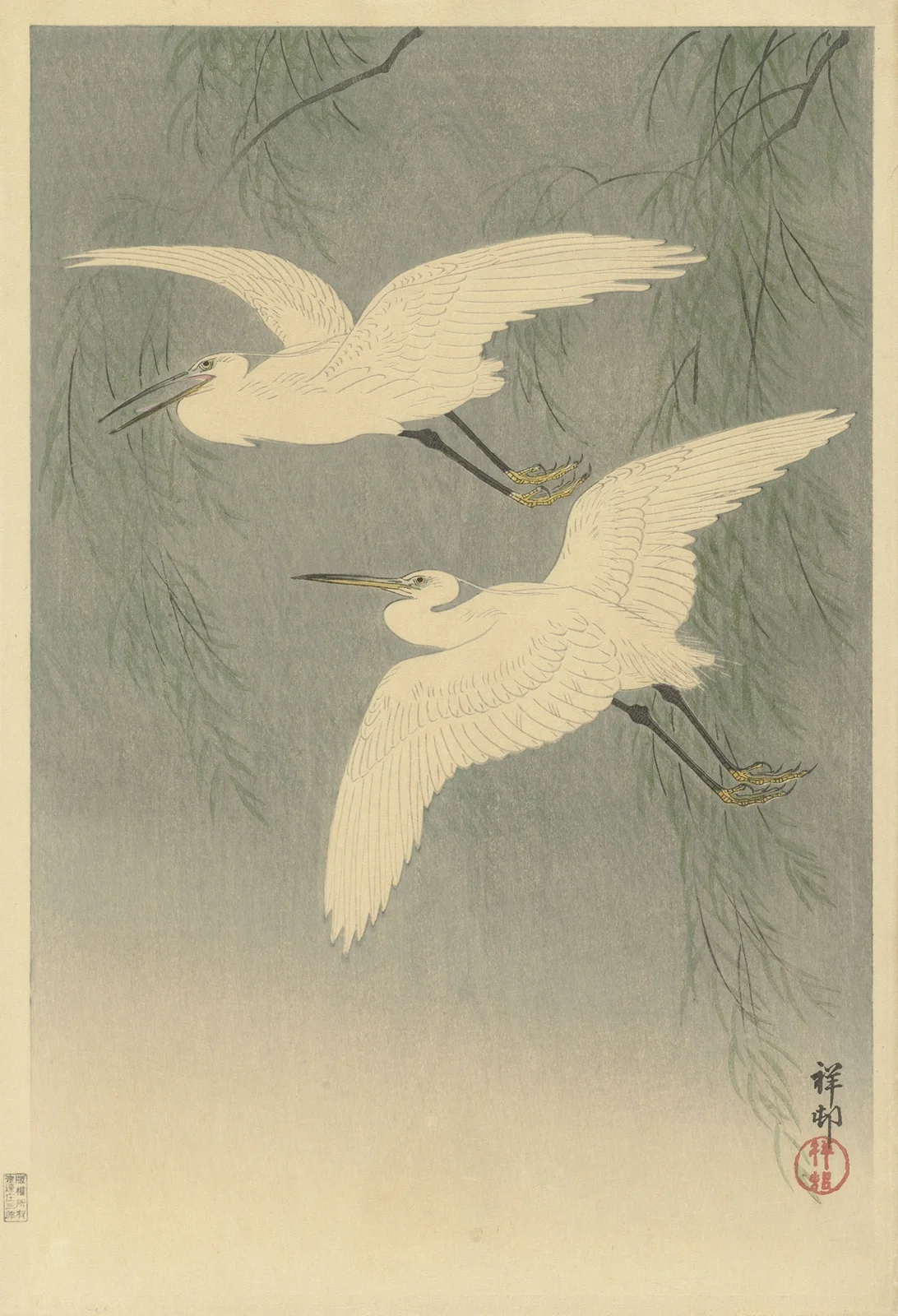 Little Egrets in flight av Ohara Koson