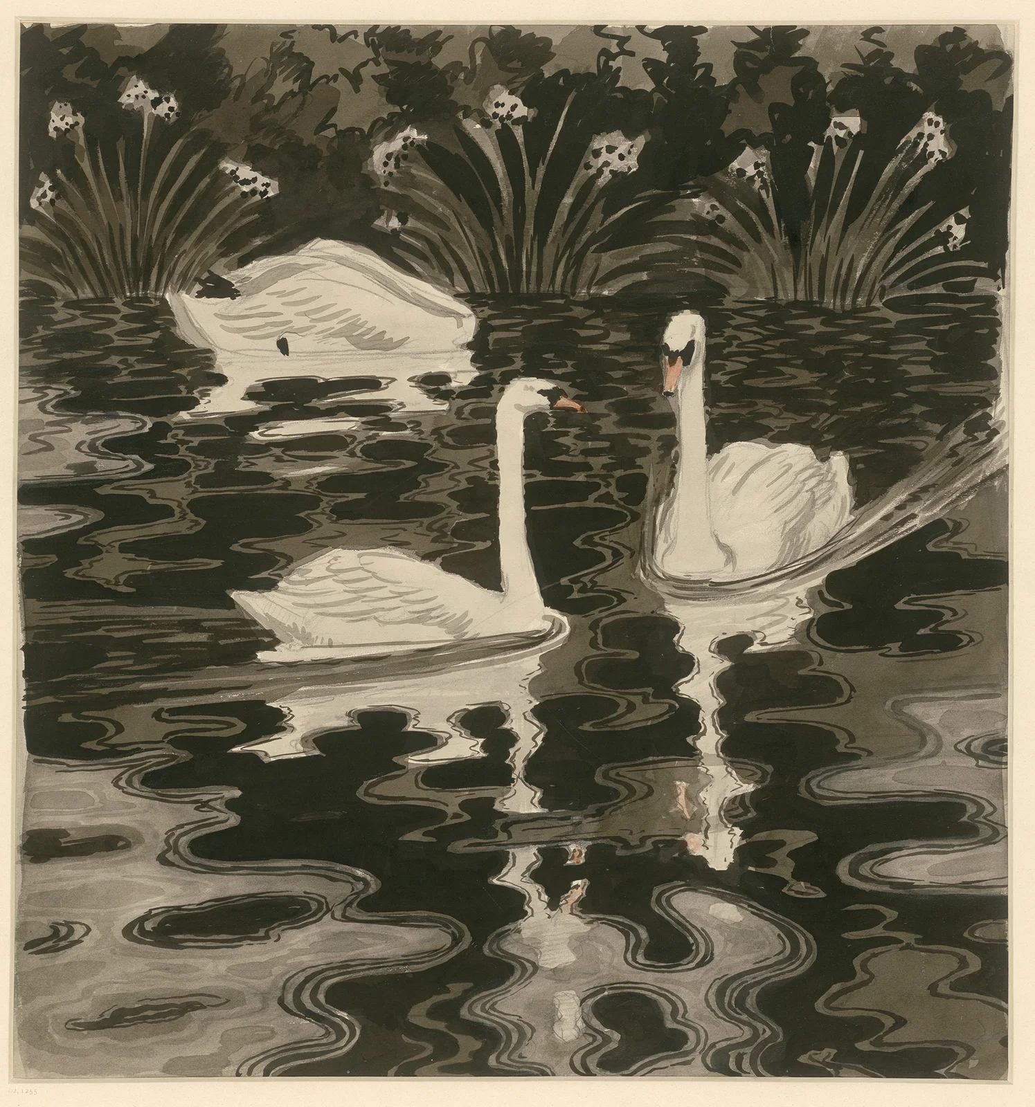 Drei Schwäne auf dunklem Gewässer, 1895 – nr 2 av Otto Eckmann