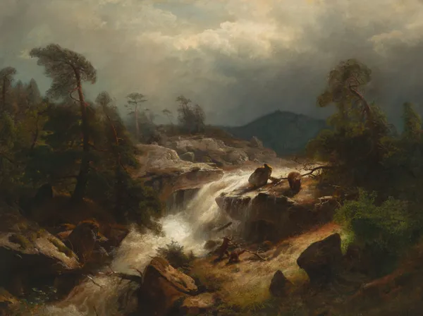 Two Cubs and Their Mother by a Waterfall av Hermann Ottomar Herzog