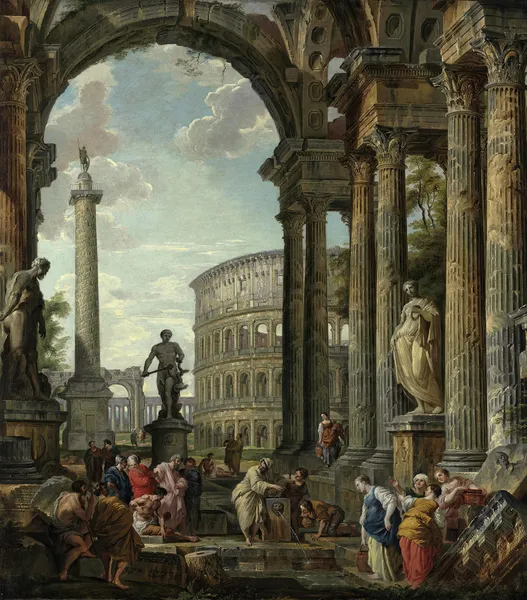 An architectural capriccio with the philosopher Diogenes and other figures av Giovanni Paolo Panini