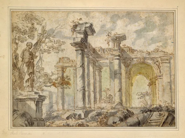 Ruins, with a Statue on the Left av Giovanni Paolo Panini
