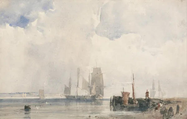 Shipping in an Estuary, Probably near Quilleboeuf av Richard Parkes Bonington