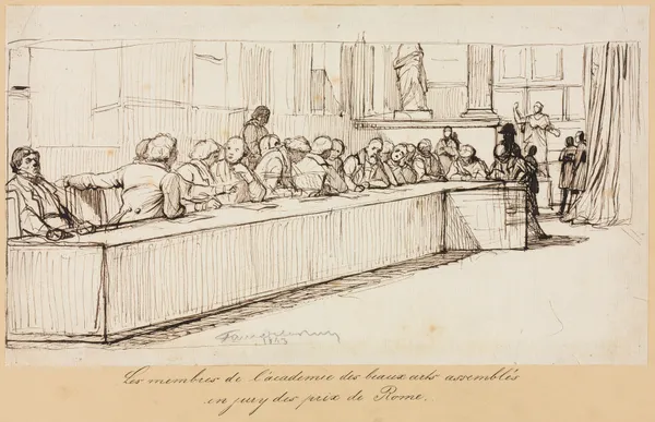 The Members of the Academy of Beaux-Arts Assembled to Jury the Rome Prize av Paul Delaroche