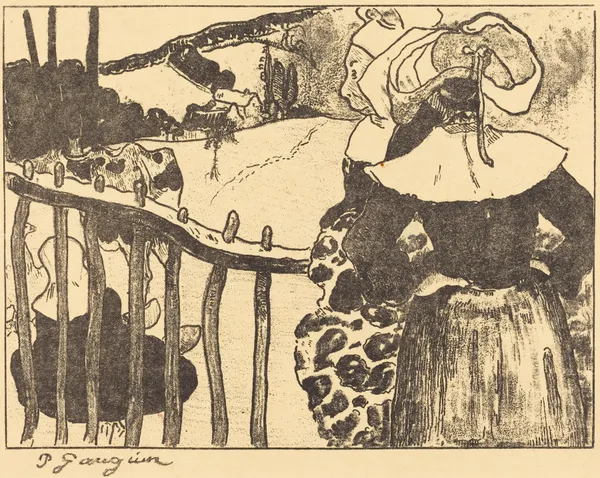 Breton Women beside a Fence (Bretonnes à la barrière) av Paul Gauguin
