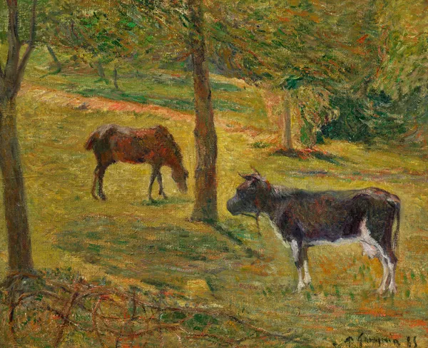 Cheval et vache dans un pré av Paul Gauguin