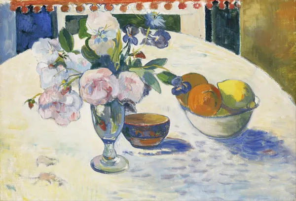 Flowers and a Bowl of Fruit on a Table av Paul Gauguin