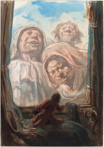 Gulliver Awed by Three Giant Beggars in the Land of Brobdingnag av Paul Gavarni