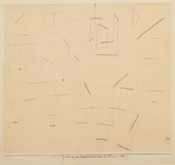 Zeichnung zum Wandbild aus dem Tempel der Sehnsucht dorthin (Drawing for Mural of the Temple of Desire thither) av Paul Klee