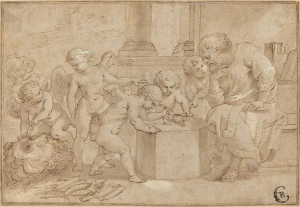Elderly Man Watching Putti Dissect an Eye av Peter Paul Rubens