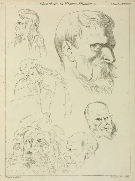 Five studies of men’s heads displaying various hair styles, beards and mustaches; one seated figure, half-length av Peter Paul Rubens